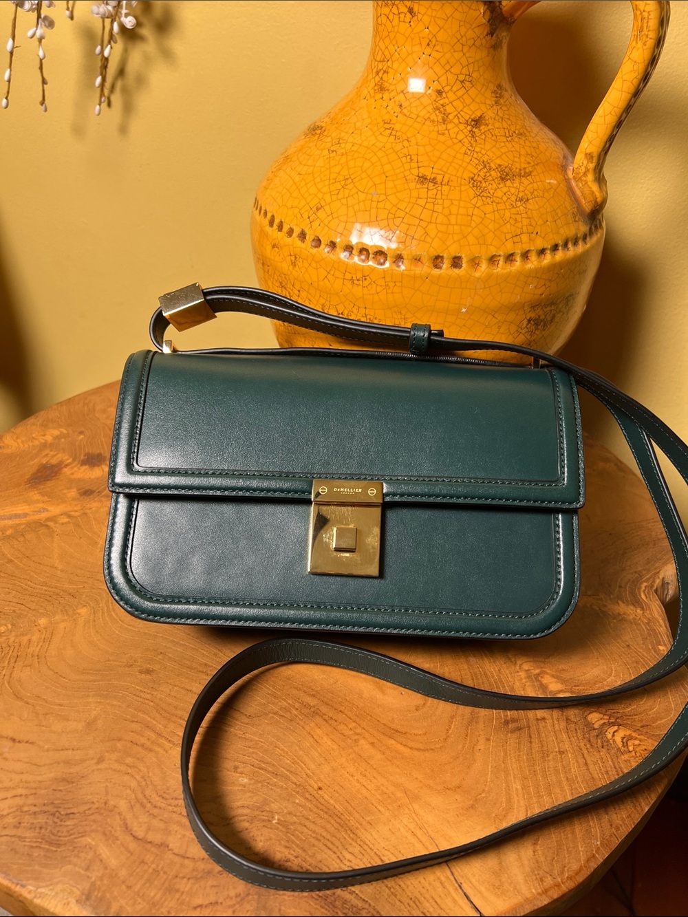 DeMellier Dark Green Leather Crossbody with Gold-Tone Lock